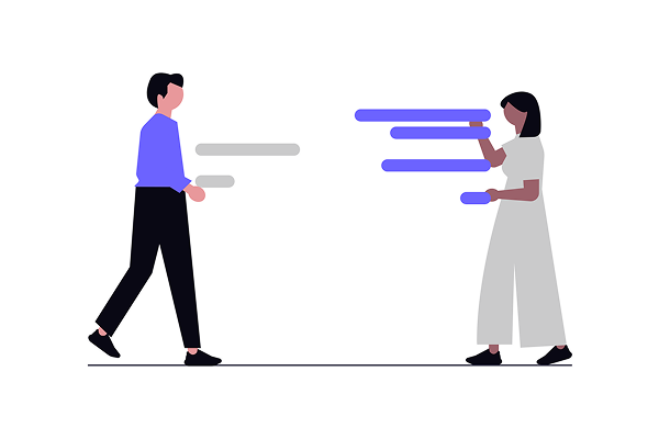 A light skinned young man is walking towards a darker skinned young woman with lines in between denoting conversation