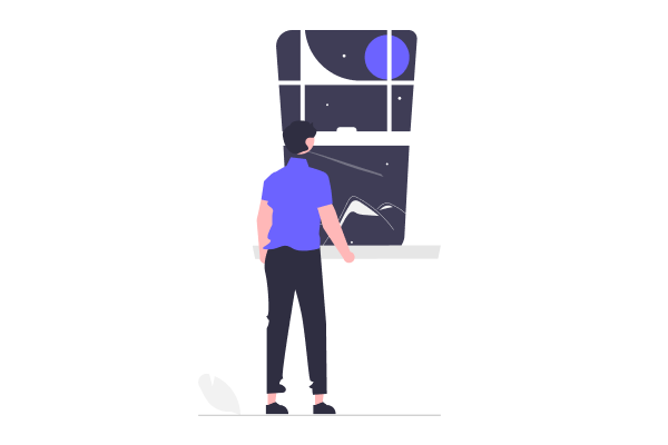 A woman with her hair up stands in front of a window staring out into a night sky