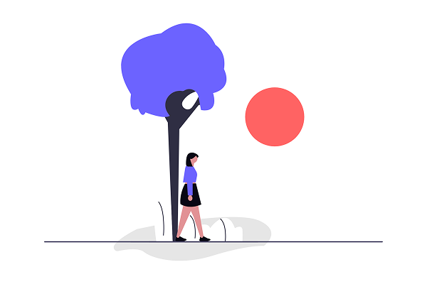 A young woman in a short black skirt stands under a tree next to a big red sun