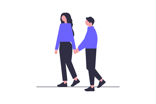 A young woman is walking away and a young man wearing the same clothes is behind her, holding her hand and tugging her back