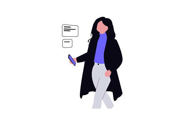A graphic of a young woman with long dark hair and in a long black coat, she is holding a mobile with messages floating above it