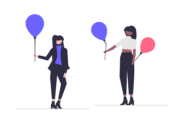A graphic of a young woman in a black pantsuit holding a blue balloon, while another young woman in a t-shirt and trousers hands her another blue balloon, and holds a red balloon in her other hand