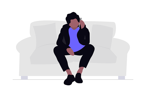 A graphic of a dark skinned man wearing black clothes sitting on a soft while talking on the phone