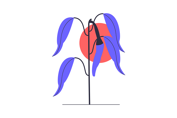 A graphic drawing of a tree with floppy blue leaves set in front of a big red sun