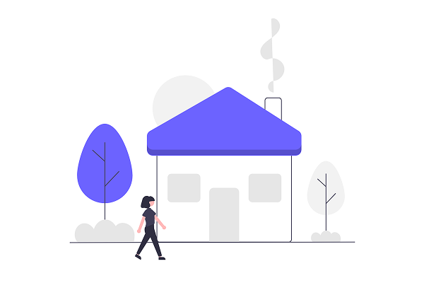 A graphic showing a woman with long black hair walking into a house with a blue roof