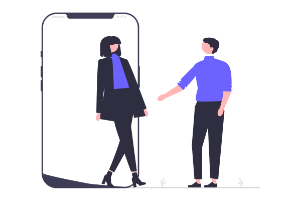 a woman is walking through an outline of a mobile phone, a man next to her holds out his hand to try and lure her out