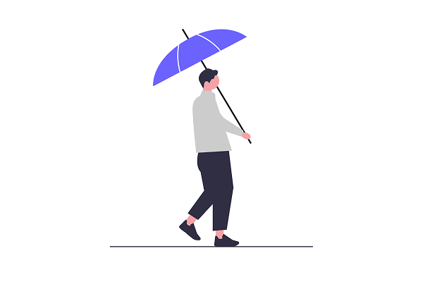 A young man with black hair in a grey long sleeve top and black trousers walks holding a purple umbrella