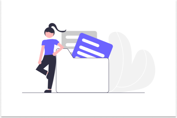 A graphic showing a young woman with black hair standing next to an oversize envelope with files in it