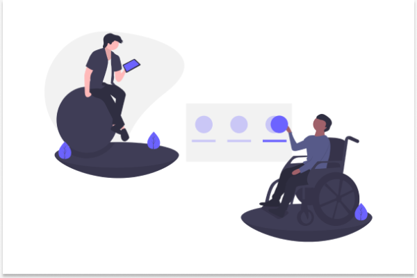 A dark skinned young man in a wheelchair is interacting with a bubble in the air, awhile another young man interacts with the same bubble