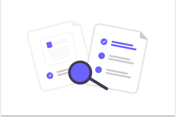 A graphic showing two pieces of paper with a magnifying glass between them