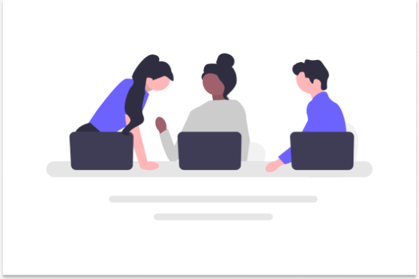 A graphic showing a group of three people, a young man with short dark hair, and young woman with dark hair and dark skin, and a younger woman with long dark hair and light skin. They have laptops open in front of them and are working together. 