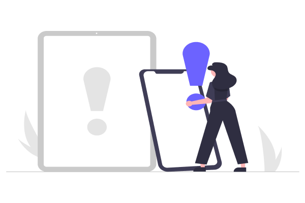 A young woman dressed in black stands in front of a large sized mobile phone and tablet - there is an exclamation point to indicate a warning